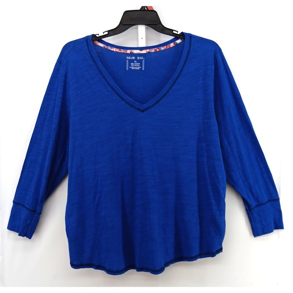 Blue Sol Shirt Women Plus Size 2X Blue Long Sleeve V Neck Casual Pullover Top